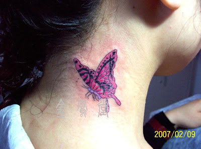 Pink and purple butterfly tattoo on the neck