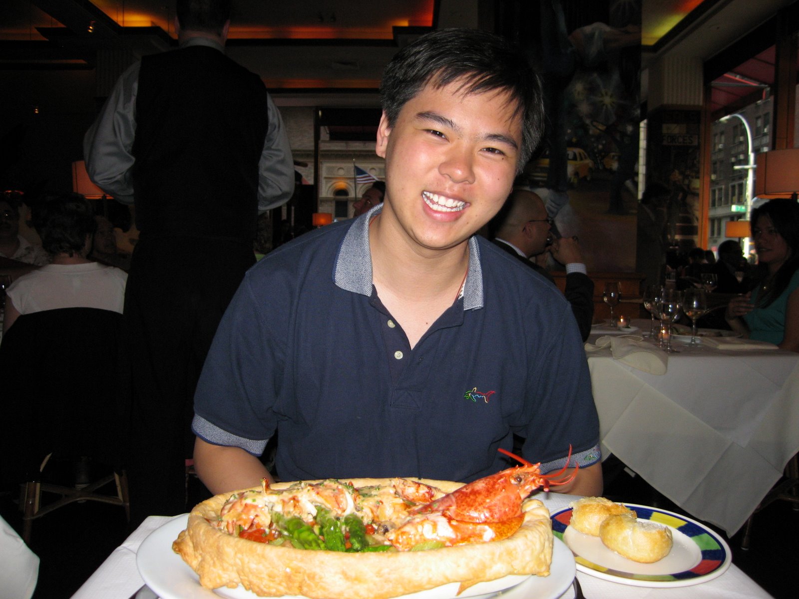 Marvin and Open-Faced 2 lb. Lobster Pot Pie filled with lobster, asparagus and mushrooms