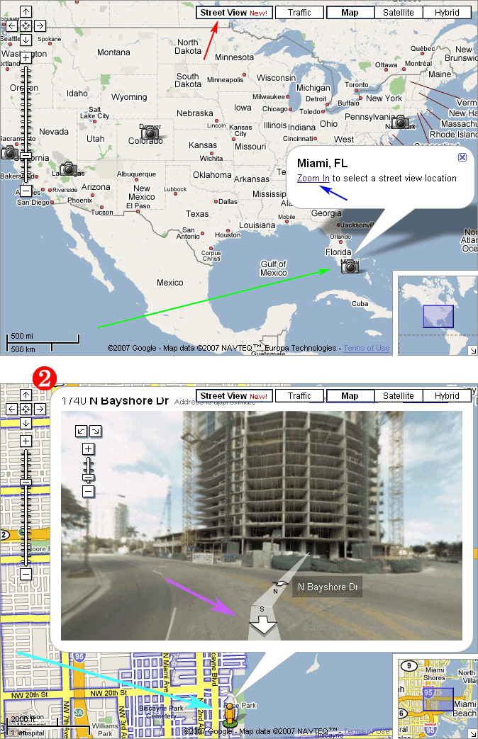 구글 스트리트뷰 사용법, 주소; Google Street View 삼차원 사진 Miami