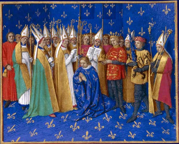 Coroação do rei Filipe Augusto da França. Grandes Chroniques de France. Enluminures par Jean Fouquet. Tours, c.1455-1460